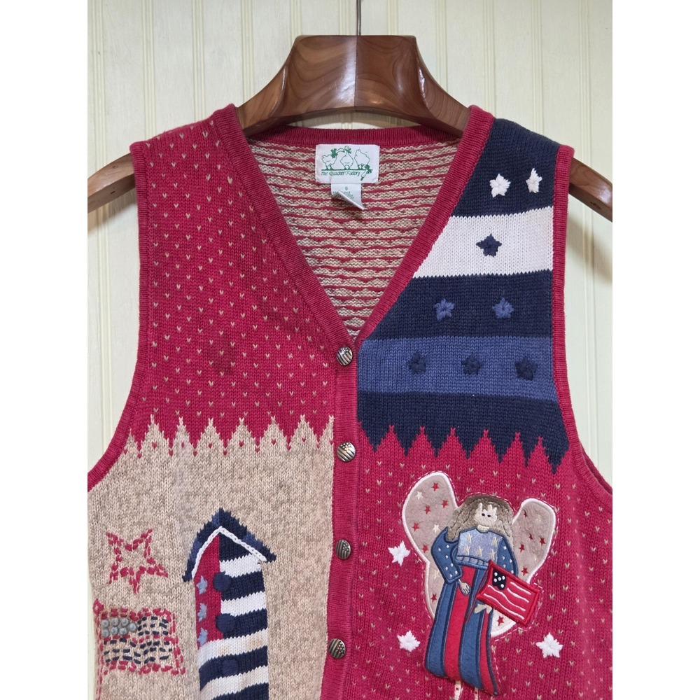 The Quacker Factory‎ Sweater Vest Womens Small Red Patriotic Angel Flag Knit USA